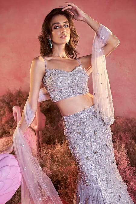 Parul Gandhi Grey Silk, Satin Sequins, Beads, Myra 3d Bloom Noir Glitch Bridal Lehenga Set Online at Aza Fashions Parul Gandhi_Grey Silk, Satin Sequins, Beads, Myra 3d Bloom Noir Glitch Bridal Lehenga Set _Online_at_Aza_Fashions