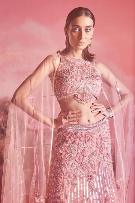 Parul Gandhi Pink Net, Crepe, Mohair Sequins, Beads, Noor 3d Petunia Bridal Lehenga Set Online at Aza Fashions Parul Gandhi_Pink Net, Crepe, Mohair Sequins, Beads, Noor 3d Petunia Bridal Lehenga Set _Online_at_Aza_Fashions
