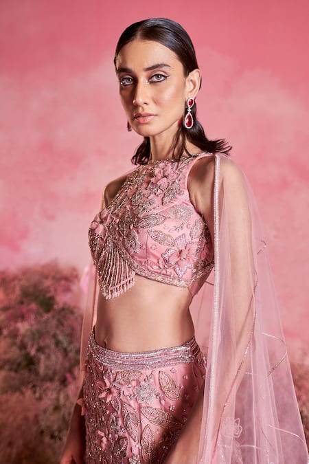 Buy Parul Gandhi Pink Net, Crepe, Mohair Sequins, Beads, Noor 3d Petunia Bridal Lehenga Set Online at Aza Fashions Buy_Parul Gandhi_Pink Net, Crepe, Mohair Sequins, Beads, Noor 3d Petunia Bridal Lehenga Set _Online_at_Aza_Fashions