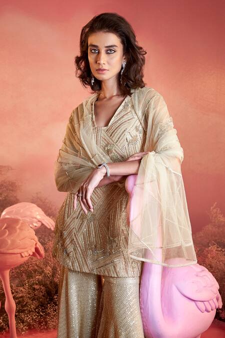 Shop_Parul Gandhi_Beige Silk, Satin, Net Sequins, Noor Interstellar Embellished Kurta Sharara Set _Online_at_Aza_Fashions