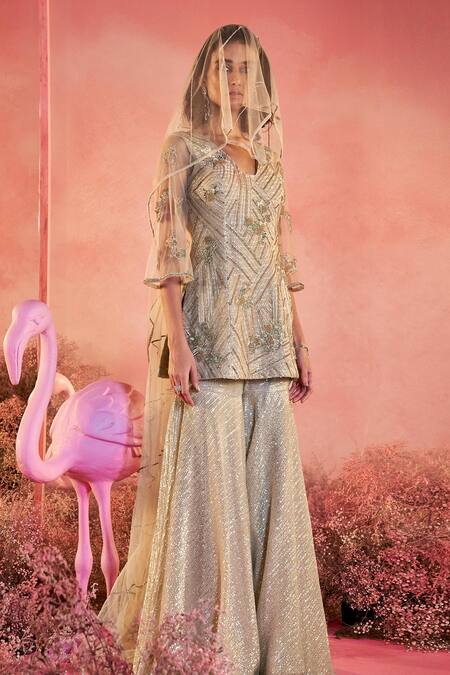 Parul Gandhi_Beige Silk, Satin, Net Sequins, Noor Interstellar Embellished Kurta Sharara Set _at_Aza_Fashions