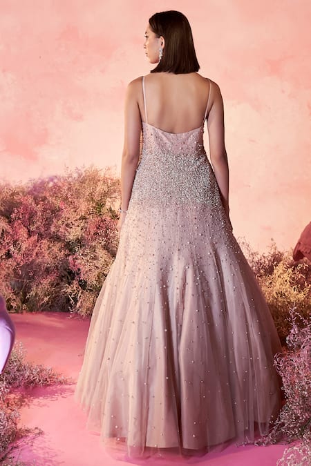 Shop_Parul Gandhi_Beige Net, Crepe Pearls, Stones Sweetheart Neck Dust Embellished Gown _at_Aza_Fashions