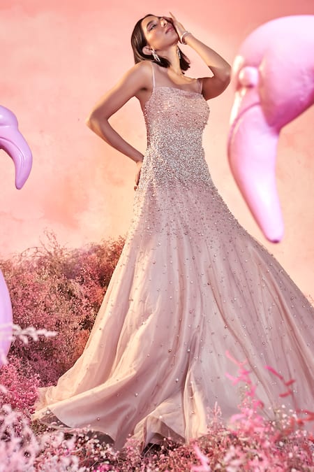 Parul Gandhi_Beige Net, Crepe Pearls, Stones Sweetheart Neck Dust Embellished Gown _Online_at_Aza_Fashions