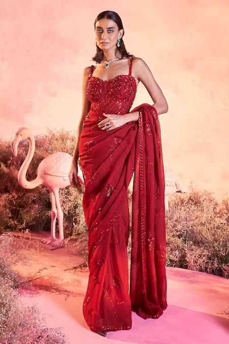Parul Gandhi Red Satin, Organza Sequins, Rose Bloom Embellished Saree With Corset Blouse Online at Aza Fashions Parul Gandhi_Red Satin, Organza Sequins, Rose Bloom Embellished Saree With Corset Blouse _Online_at_Aza_Fashions