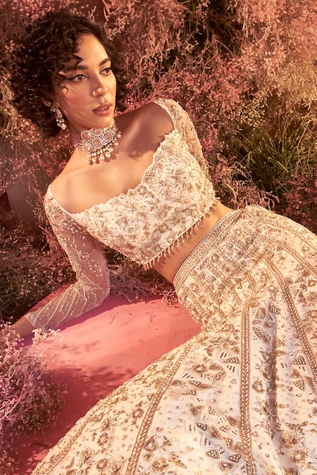 Parul Gandhi White Chiffon, Crepe Sequins, Beads Roza Zari Mughal Bloom Bridal Lehenga Set Online at Aza Fashions Parul Gandhi_White Chiffon, Crepe Sequins, Beads Roza Zari Mughal Bloom Bridal Lehenga Set _Online_at_Aza_Fashions