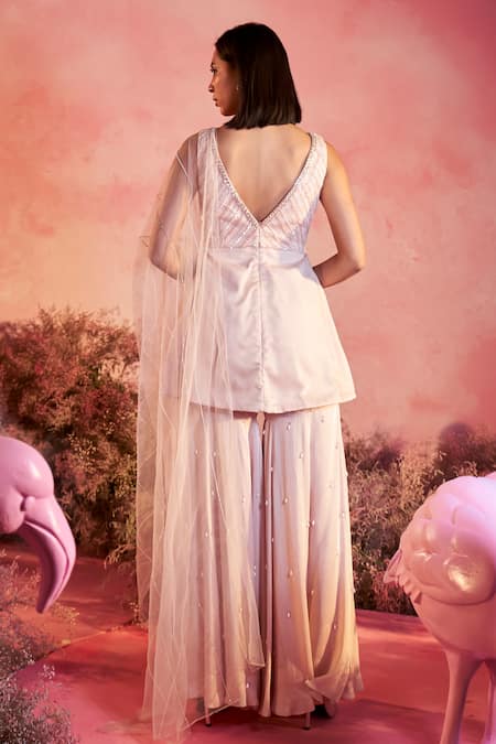 Parul Gandhi Peach Chevron Embellished Kurta Sharara Set 