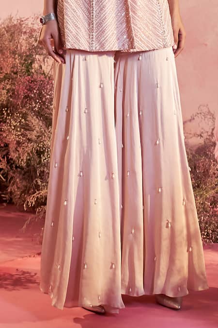 Parul Gandhi_Peach Crepe, Net Sequins, Beads, Cut Work, Chevron Embellished Kurta Sharara Set _Online_at_Aza_Fashions