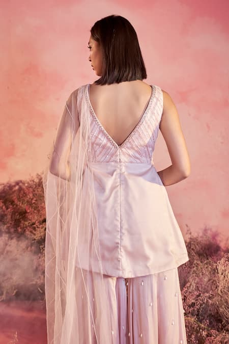 Shop_Parul Gandhi_Peach Crepe, Net Sequins, Beads, Cut Work, Chevron Embellished Kurta Sharara Set _Online_at_Aza_Fashions