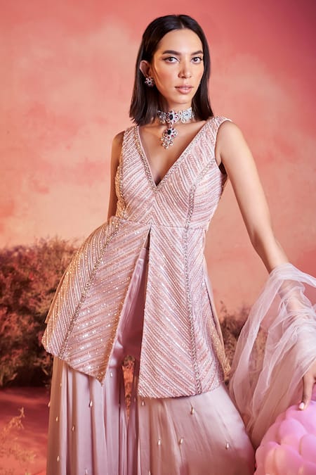 Parul Gandhi_Peach Crepe, Net Sequins, Beads, Cut Work, Chevron Embellished Kurta Sharara Set _at_Aza_Fashions