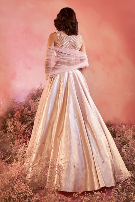 Shop Parul Gandhi Pink Sequins, Beads V-neck Sairah Helix Embroidered Bridal Lehenga Set at Aza Fashions Shop_Parul Gandhi_Pink Sequins, Beads V-neck Sairah Helix Embroidered Bridal Lehenga Set _at_Aza_Fashions