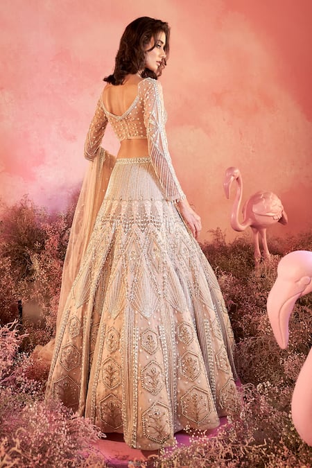 Shop Parul Gandhi Beige Net, Crepe Sequins, Beads, Sanjh Bloom Art Embroidered Bridal Lehenga Set at Aza Fashions Shop_Parul Gandhi_Beige Net, Crepe Sequins, Beads, Sanjh Bloom Art Embroidered Bridal Lehenga Set _at_Aza_Fashions
