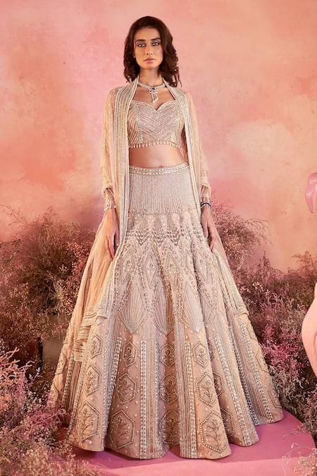 Parul Gandhi Beige Net, Crepe Sequins, Beads, Sanjh Bloom Art Embroidered Bridal Lehenga Set Online at Aza Fashions Parul Gandhi_Beige Net, Crepe Sequins, Beads, Sanjh Bloom Art Embroidered Bridal Lehenga Set _Online_at_Aza_Fashions