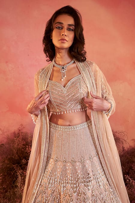 Buy Parul Gandhi Beige Net, Crepe Sequins, Beads, Sanjh Bloom Art Embroidered Bridal Lehenga Set Online at Aza Fashions Buy_Parul Gandhi_Beige Net, Crepe Sequins, Beads, Sanjh Bloom Art Embroidered Bridal Lehenga Set _Online_at_Aza_Fashions