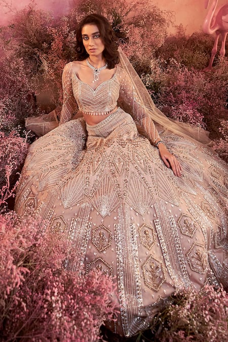 Parul Gandhi Beige Net, Crepe Sequins, Beads, Sanjh Bloom Art Embroidered Bridal Lehenga Set at Aza Fashions Parul Gandhi_Beige Net, Crepe Sequins, Beads, Sanjh Bloom Art Embroidered Bridal Lehenga Set _at_Aza_Fashions