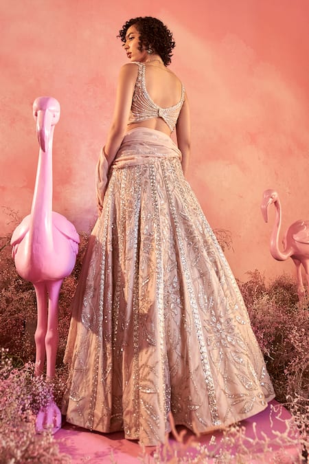 Shop Parul Gandhi Peach Chiffon, Lace, Crepe Serina Floral Vine Embroidered Bridal Lehenga Set at Aza Fashions Shop_Parul Gandhi_Peach Chiffon, Lace, Crepe Serina Floral Vine Embroidered Bridal Lehenga Set _at_Aza_Fashions