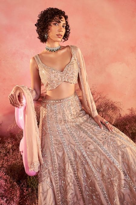 Parul Gandhi Peach Chiffon, Lace, Crepe Serina Floral Vine Embroidered Bridal Lehenga Set Online at Aza Fashions Parul Gandhi_Peach Chiffon, Lace, Crepe Serina Floral Vine Embroidered Bridal Lehenga Set _Online_at_Aza_Fashions