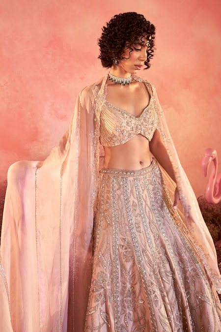 Buy Parul Gandhi Peach Chiffon, Lace, Crepe Serina Floral Vine Embroidered Bridal Lehenga Set Online at Aza Fashions Buy_Parul Gandhi_Peach Chiffon, Lace, Crepe Serina Floral Vine Embroidered Bridal Lehenga Set _Online_at_Aza_Fashions