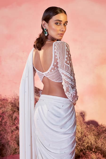White Pleated Pre-Draped Saree