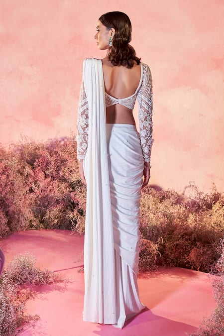 Parul Gandhi_White Lycra Sequins, Sitaara Pleated Embellished Pre-draped Saree With Blouse _at_Aza_Fashions