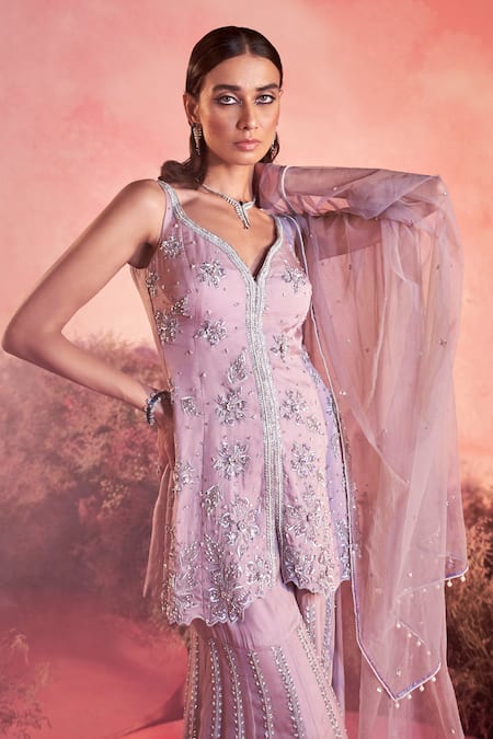 Parul Gandhi_Purple Organza, Net Sequins, Beads Blossom Embellished Kurta Sharara Set _Online_at_Aza_Fashions