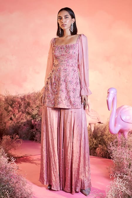 PARUL GANDHI Pink Mesh Embroidery Sequins Flora Fantasy Square Embellished Kurta Sharara Set 