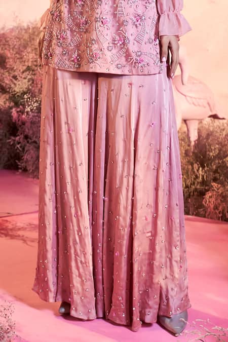 Parul Gandhi_Pink Net, Crepe, Maheshwari Sequins, Flora Fantasy Embellished Kurta Sharara Set _Online_at_Aza_Fashions