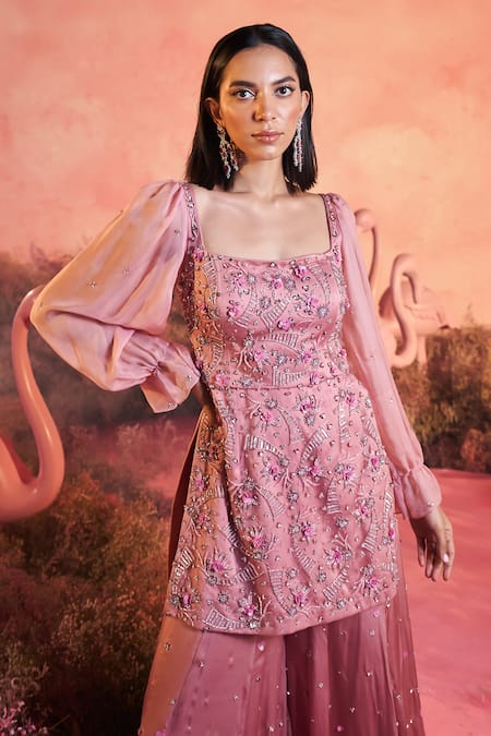 Shop_Parul Gandhi_Pink Net, Crepe, Maheshwari Sequins, Flora Fantasy Embellished Kurta Sharara Set _Online_at_Aza_Fashions
