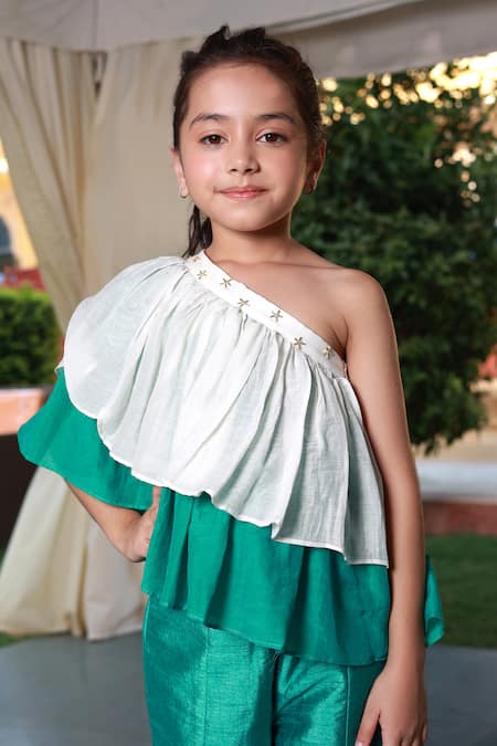 Shop Little Luxury Green Muslin, Silk Beads One Shoulder Top With Pant Online at Aza Fashions Shop_Little Luxury_Green Muslin, Silk Beads One Shoulder Top With Pant _Online_at_Aza_Fashions