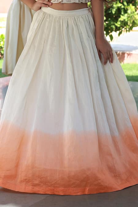 Little Luxury_Orange Chanderi Tassels, Embroidery Diya Diva Ombre Lehenga With Blouse _Online_at_Aza_Fashions