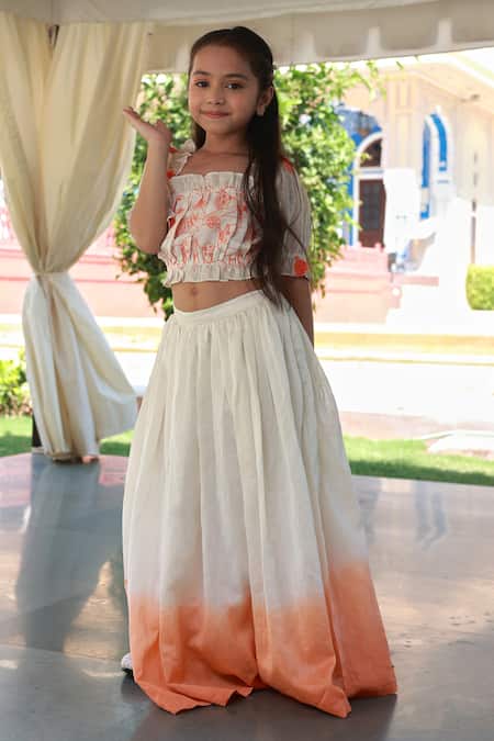Buy_Little Luxury_Orange Chanderi Tassels, Embroidery Diya Diva Ombre Lehenga With Blouse _Online_at_Aza_Fashions