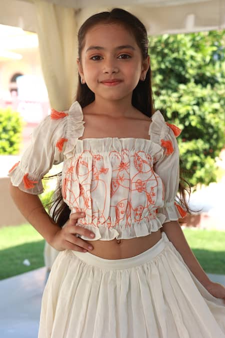 Little Luxury_Orange Chanderi Tassels, Embroidery Diya Diva Ombre Lehenga With Blouse _at_Aza_Fashions