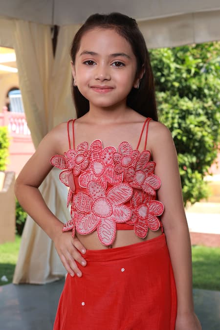 Buy_Little Luxury_Red Muslin, Silk Beads, Embroidery Love And Light Lehenga With Blouse _Online_at_Aza_Fashions