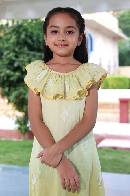 Little Luxury Green Muslin, Silk Embroidery Fairy Lights And Fireflies Dress Online at Aza Fashions Little Luxury_Green Muslin, Silk Embroidery Fairy Lights And Fireflies Dress _Online_at_Aza_Fashions