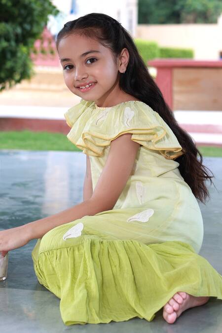 Little Luxury Green Muslin, Silk Embroidery Fairy Lights And Fireflies Dress at Aza Fashions Little Luxury_Green Muslin, Silk Embroidery Fairy Lights And Fireflies Dress _at_Aza_Fashions