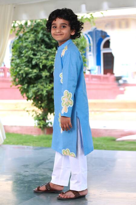 Buy Little Luxury Blue Cotton Embroidery Hand Kurta With Pyjama Online at Aza Fashions Buy_Little Luxury_Blue Cotton Embroidery Hand Kurta With Pyjama _Online_at_Aza_Fashions