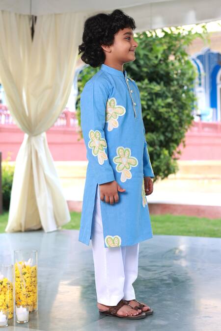 Shop Little Luxury Blue Cotton Embroidery Hand Kurta With Pyjama Online at Aza Fashions Shop_Little Luxury_Blue Cotton Embroidery Hand Kurta With Pyjama _Online_at_Aza_Fashions