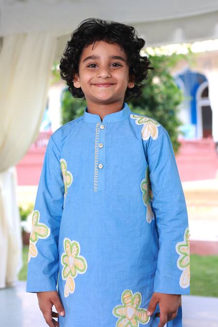 Little Luxury Blue Cotton Embroidery Hand Kurta With Pyjama at Aza Fashions Little Luxury_Blue Cotton Embroidery Hand Kurta With Pyjama _at_Aza_Fashions