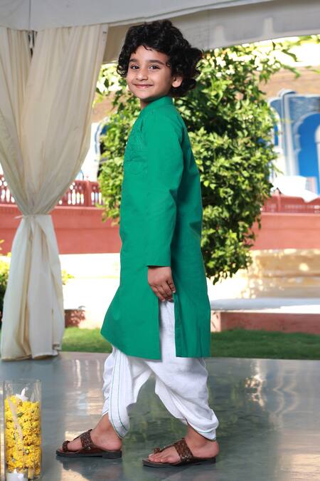 Little Luxury Green Poplin, Muslin Embroidery Hand Yoke Kurta With Dhoti Pant Online at Aza Fashions Little Luxury_Green Poplin, Muslin Embroidery Hand Yoke Kurta With Dhoti Pant _Online_at_Aza_Fashions
