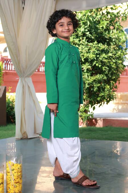 Buy Little Luxury Green Poplin, Muslin Embroidery Hand Yoke Kurta With Dhoti Pant Online at Aza Fashions Buy_Little Luxury_Green Poplin, Muslin Embroidery Hand Yoke Kurta With Dhoti Pant _Online_at_Aza_Fashions