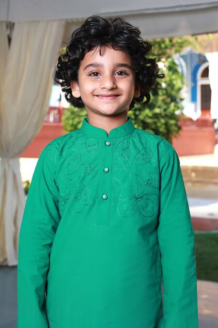 Shop Little Luxury Green Poplin, Muslin Embroidery Hand Yoke Kurta With Dhoti Pant Online at Aza Fashions Shop_Little Luxury_Green Poplin, Muslin Embroidery Hand Yoke Kurta With Dhoti Pant _Online_at_Aza_Fashions