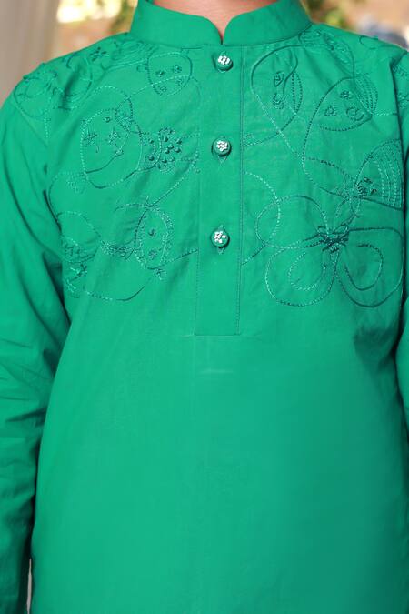 Little Luxury Green Poplin, Muslin Embroidery Hand Yoke Kurta With Dhoti Pant at Aza Fashions Little Luxury_Green Poplin, Muslin Embroidery Hand Yoke Kurta With Dhoti Pant _at_Aza_Fashions