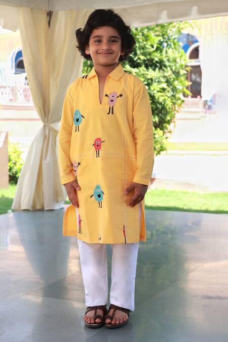 Little Luxury_Yellow Poplin Embroidery Firecracker Fantasy Kurta With Pyjama _Online_at_Aza_Fashions