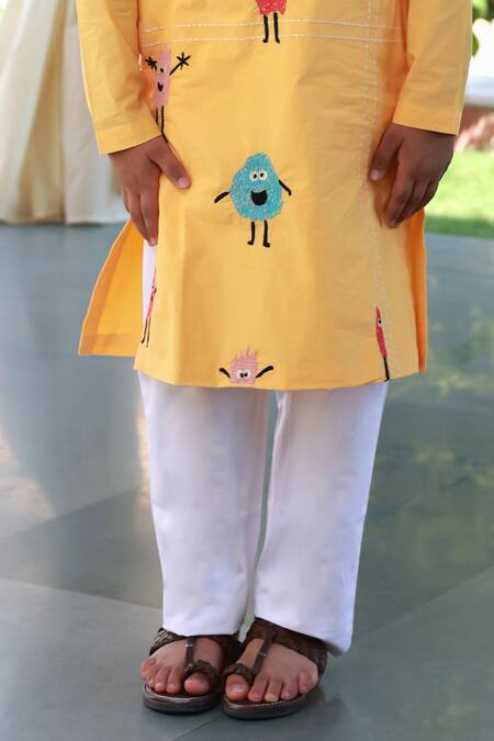 Buy_Little Luxury_Yellow Poplin Embroidery Firecracker Fantasy Kurta With Pyjama _Online_at_Aza_Fashions