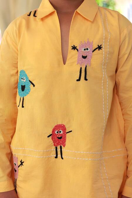 Little Luxury_Yellow Poplin Embroidery Firecracker Fantasy Kurta With Pyjama _at_Aza_Fashions