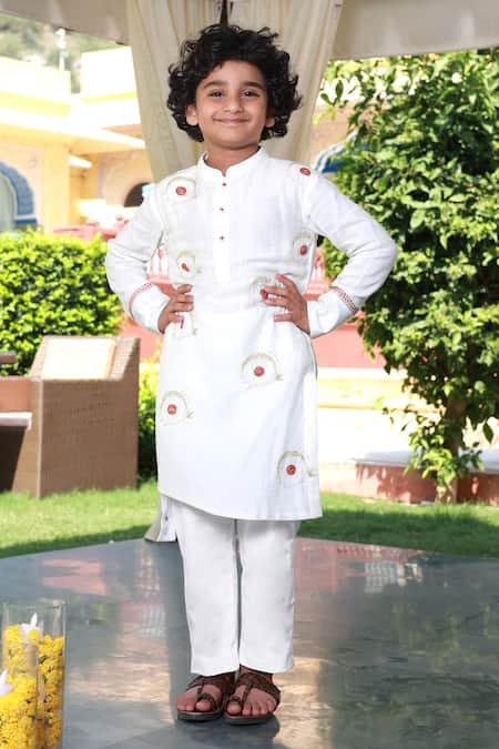 Little Luxury Off White Poplin Hand Embroidery Chakri Chirpy Kurta With Pyjama  