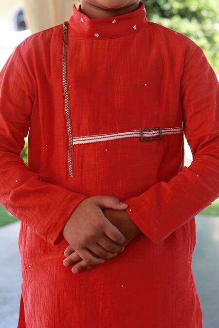 Buy Little Luxury Red Muslin, Cotton Beads Sweet Kurta With Dhoti Pant Online at Aza Fashions Buy_Little Luxury_Red Muslin, Cotton Beads Sweet Kurta With Dhoti Pant _Online_at_Aza_Fashions