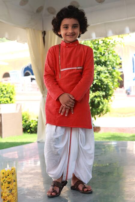 Little Luxury Red Muslin, Cotton Beads Sweet Kurta With Dhoti Pant at Aza Fashions Little Luxury_Red Muslin, Cotton Beads Sweet Kurta With Dhoti Pant _at_Aza_Fashions
