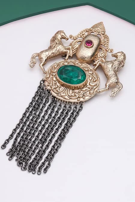 Cosa Nostraa_Gold Crystals, Chains Sawaar-e-noor Embellished Brooch _Online_at_Aza_Fashions