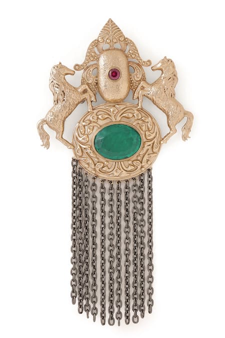 Shop_Cosa Nostraa_Gold Crystals, Chains Sawaar-e-noor Embellished Brooch _Online_at_Aza_Fashions