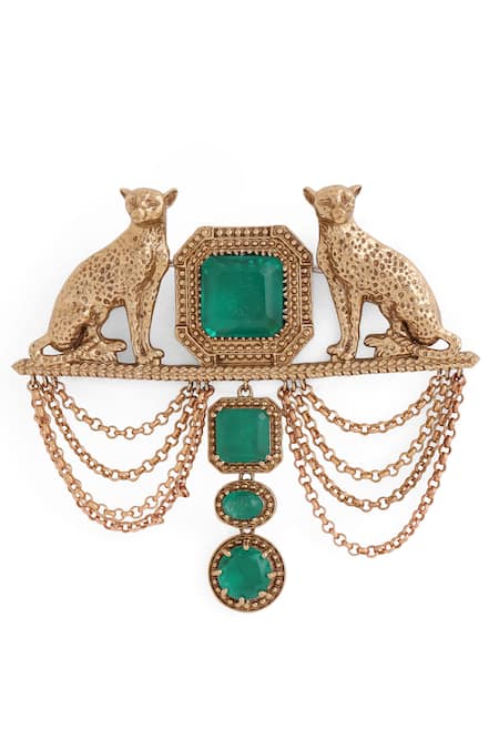 Buy_Cosa Nostraa_Gold Crystals, Chains Shaandaar Cheetah Embellished Brooch _Online_at_Aza_Fashions